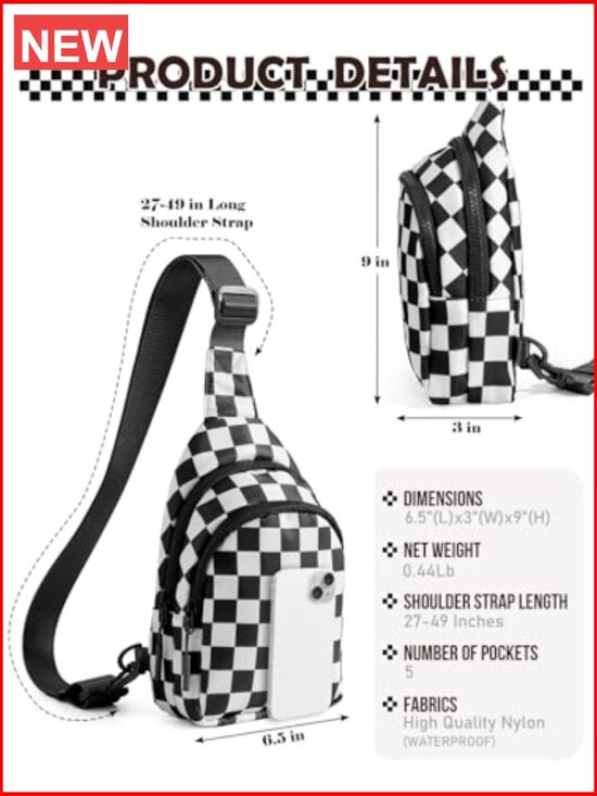 Checkered Sling Backpack Crossbody Chest Bag Fanny Pack with Adjustable Strap main image 4